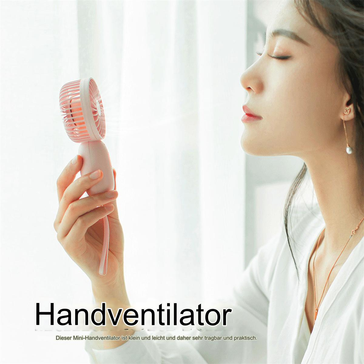 Frau hält einen rosa Handventilator vor ihr Gesicht. Text: Handventilator.