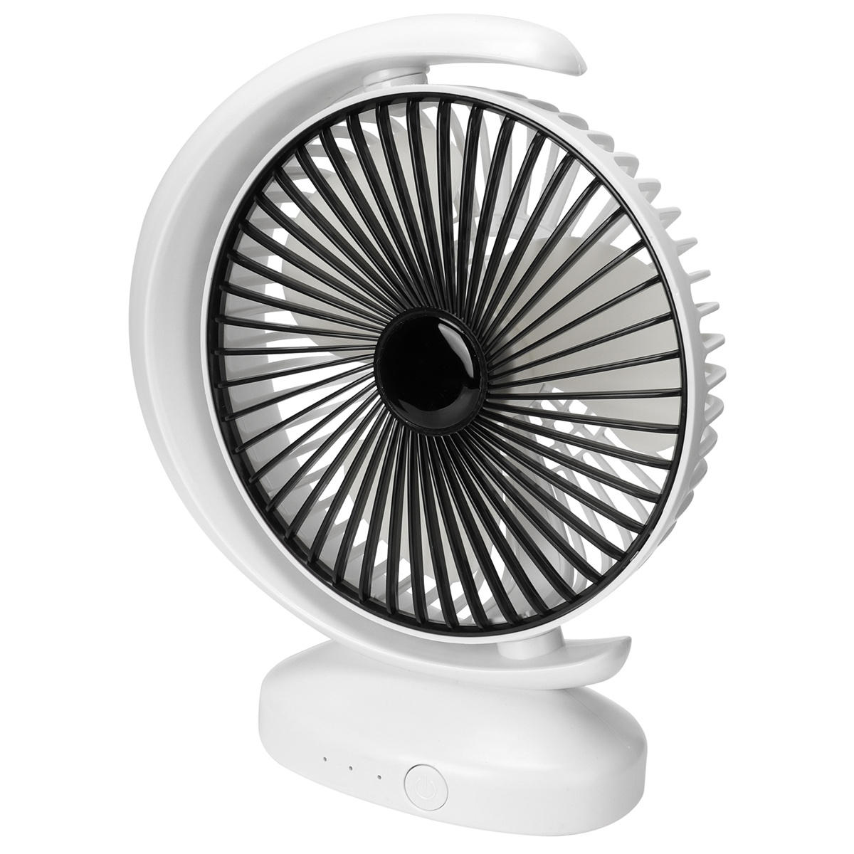 Weißer Ventilator mit schwarzen Flügeln auf weißem Grund. Der Ventilator ist zur Seite gedreht.