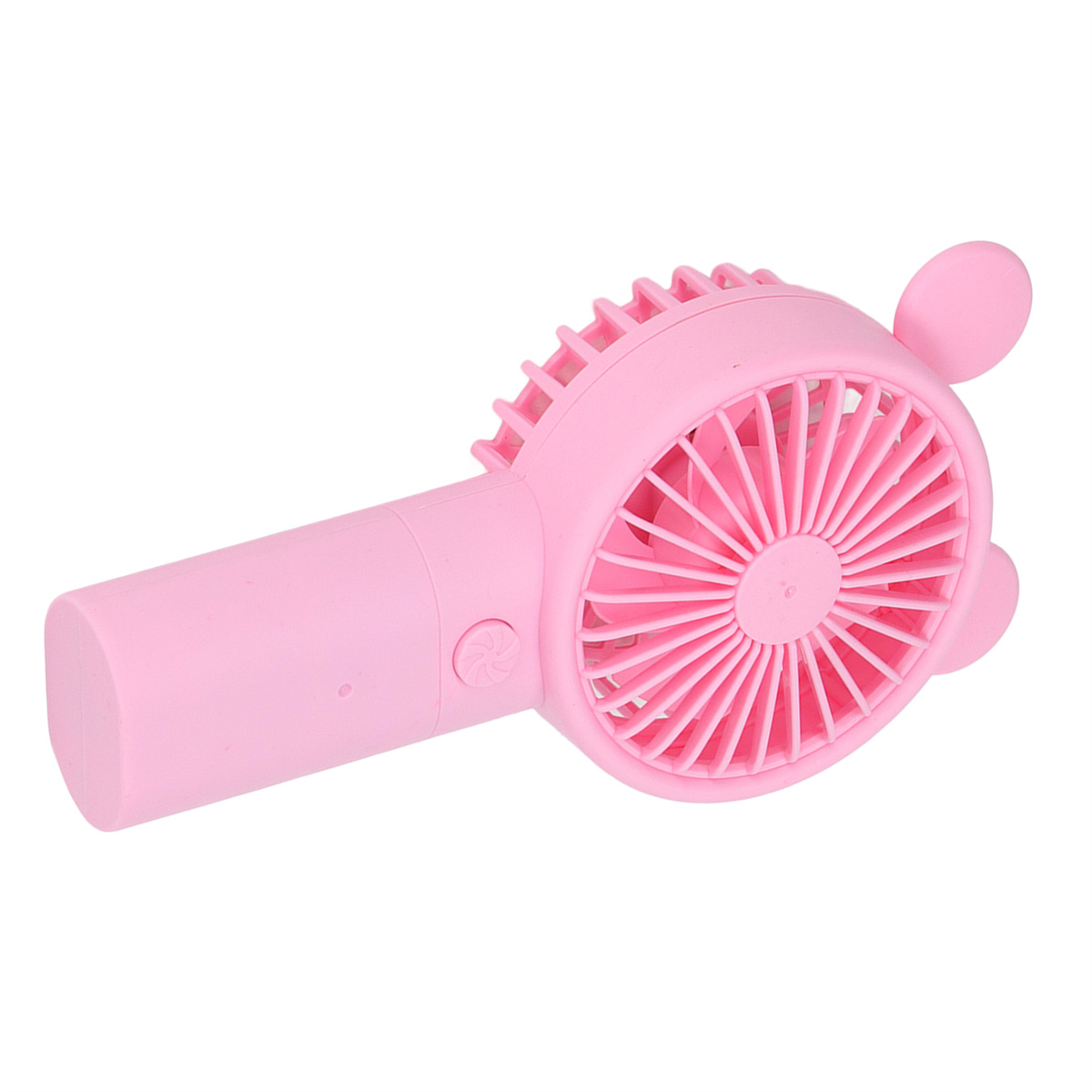 Rosa Handventilator mit rundem, vergittertem Ventilator und ohrenförmigem Design.