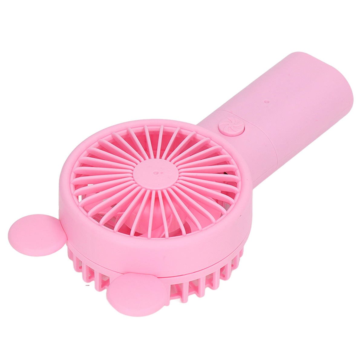 Handventilator in Rosa mit ohrenförmigem Design. Er hat einen runden Fankopf und einen Griff.
