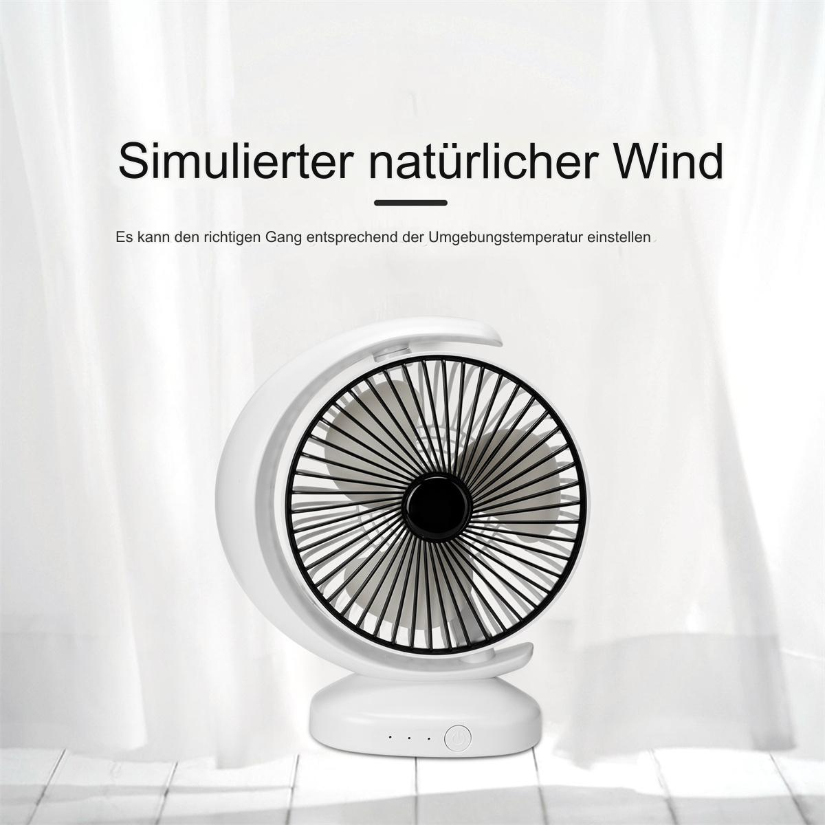 Weißer Schreibtischventilator mit schwarzem Lüfterrad. Der Ventilator steht auf weißem Sockel, Text oben.