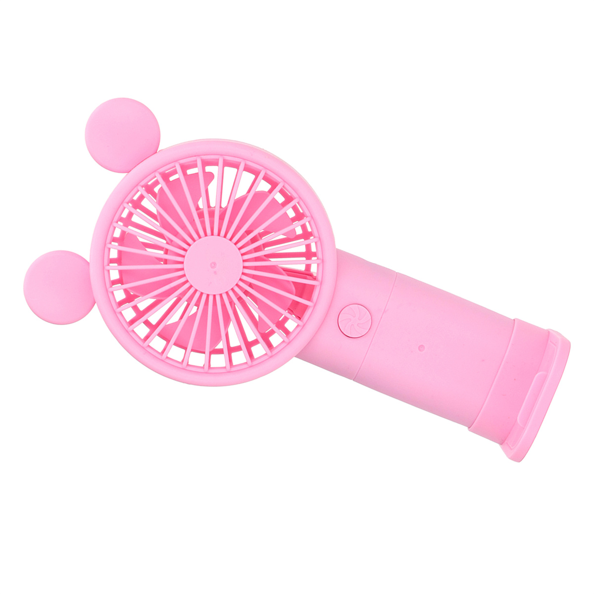 Draufsicht auf einen rosa Handventilator mit Mickey-Mouse-Ohren-Design.