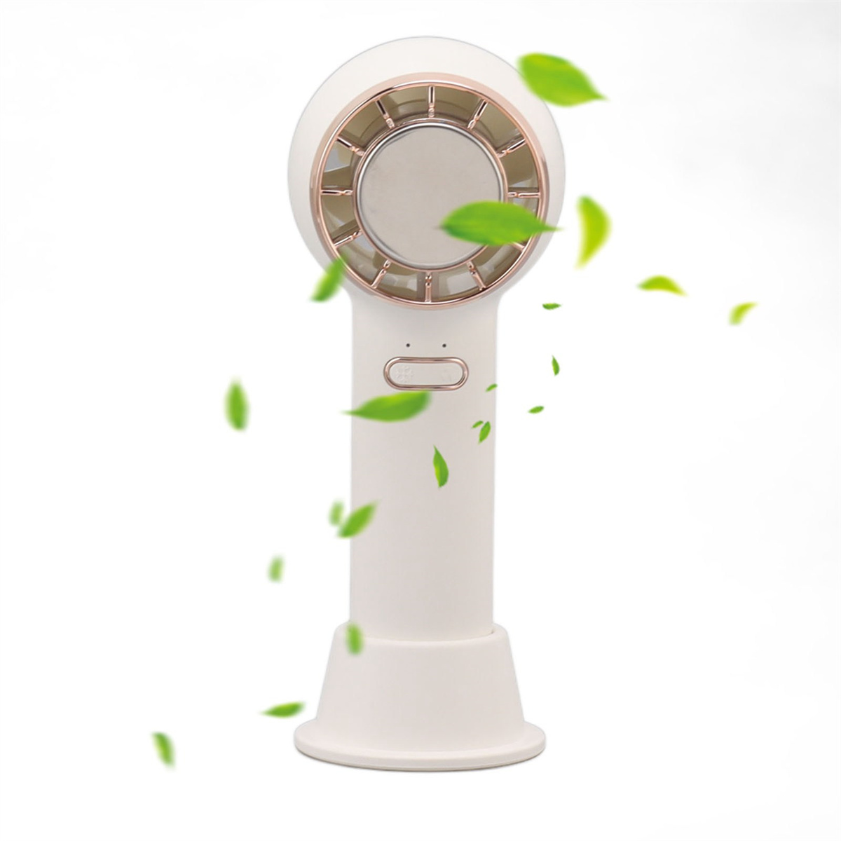 Ein weißer Handventilator mit grünen Blättern, die um ihn herum schweben.