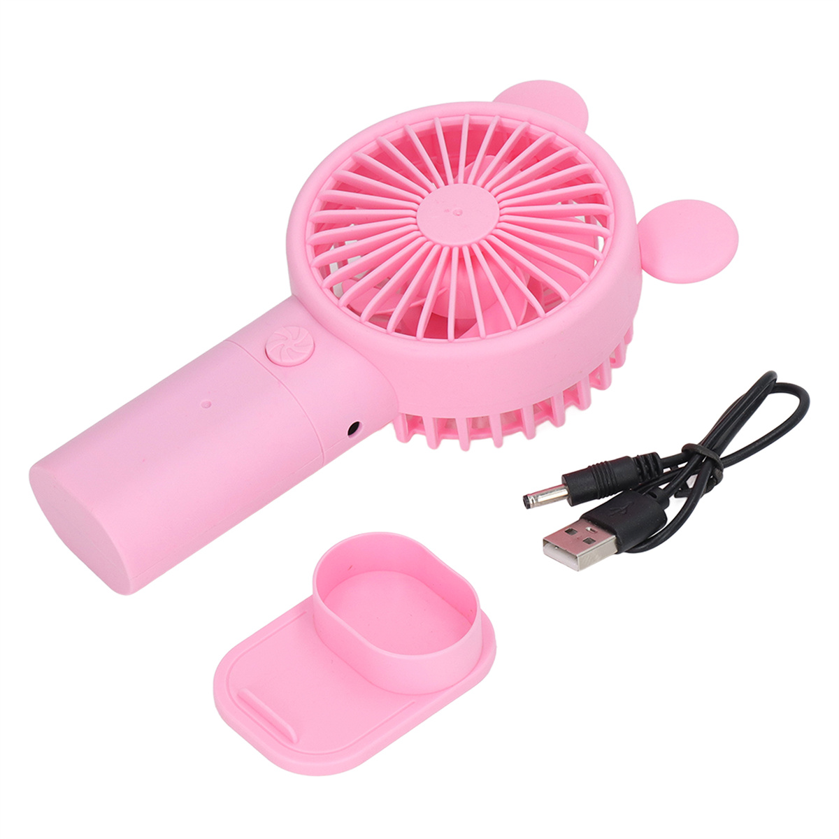 Ein pinkfarbener Handventilator mit pinkfarbenem Ständer und USB-Ladegerät. Der Ventilator hat ein Flügelrad und ohrähnliche Griffe.