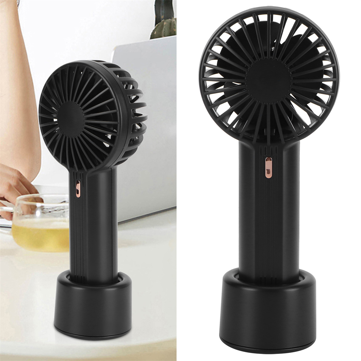 Zwei schwarze Handventilatoren, einer auf einem Schreibtisch und einer nah.