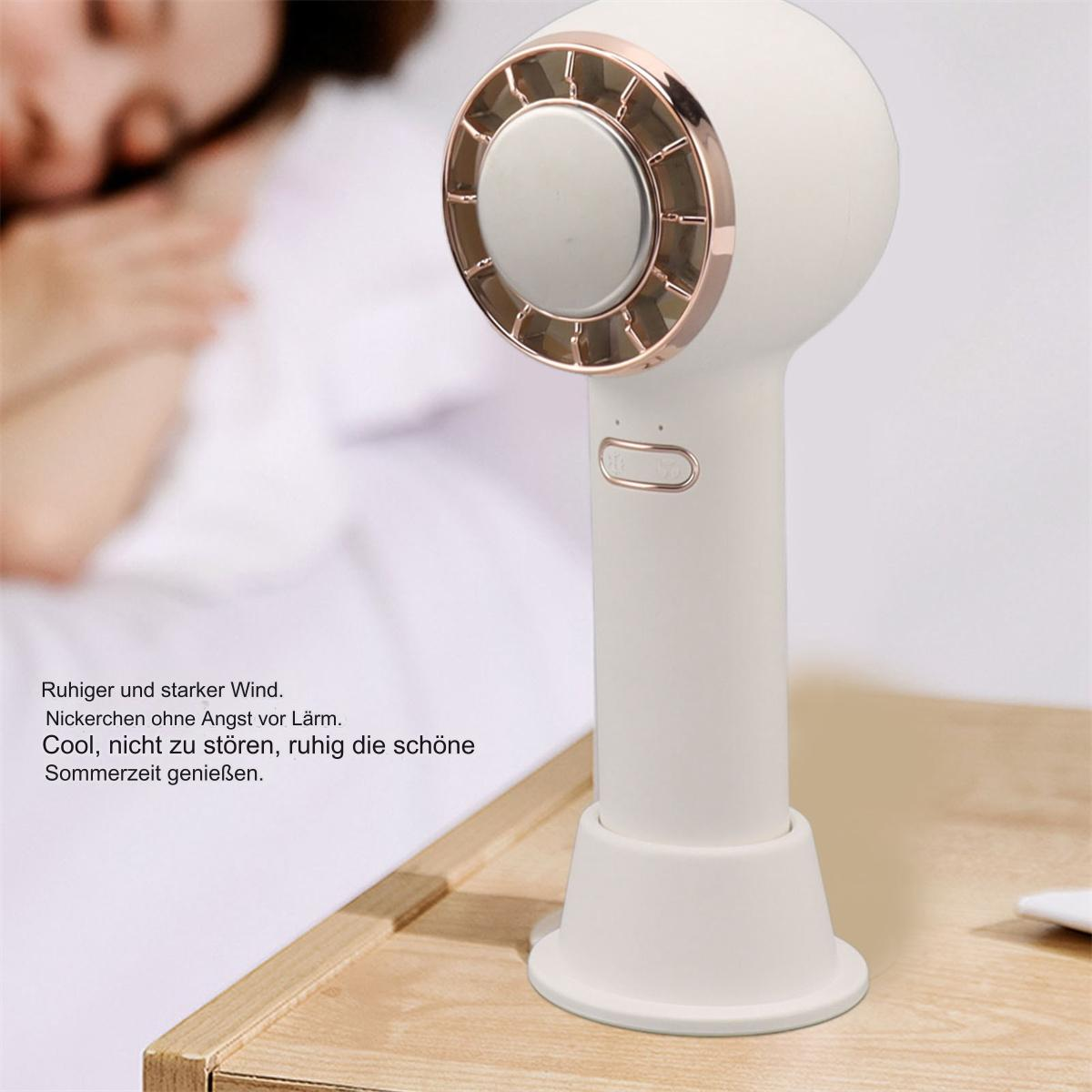 Weißer und goldener Handventilator auf Holzoberfläche, Textüberlagerung.
