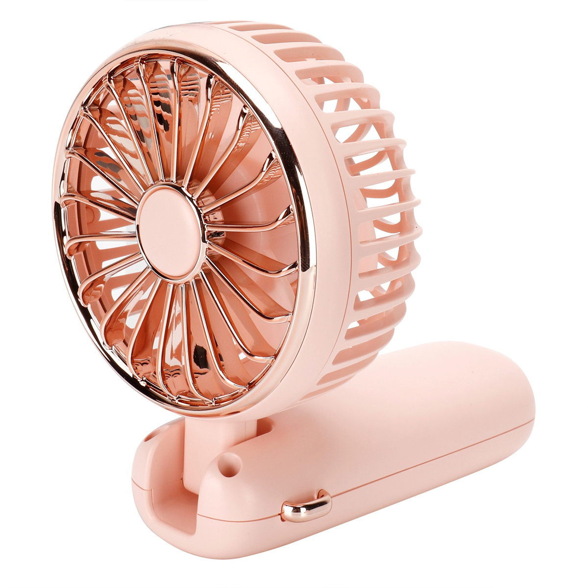 Rosa, faltbarer Ventilator mit roségoldenen Akzenten.
