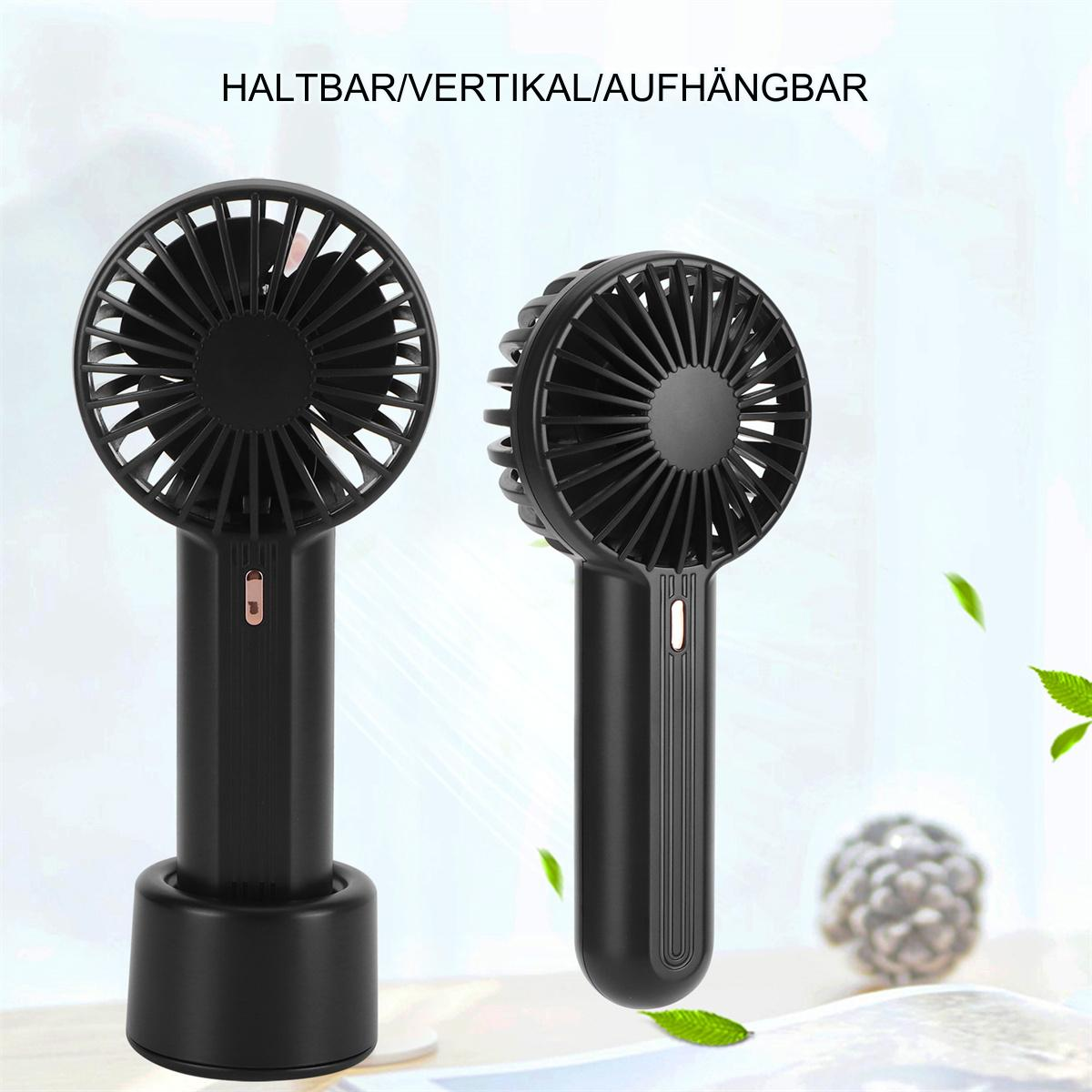 Zwei schwarze Handventilatoren auf einem schwarzen Ständer. Text: Haltbar/Vertikal/Aufhängbar.