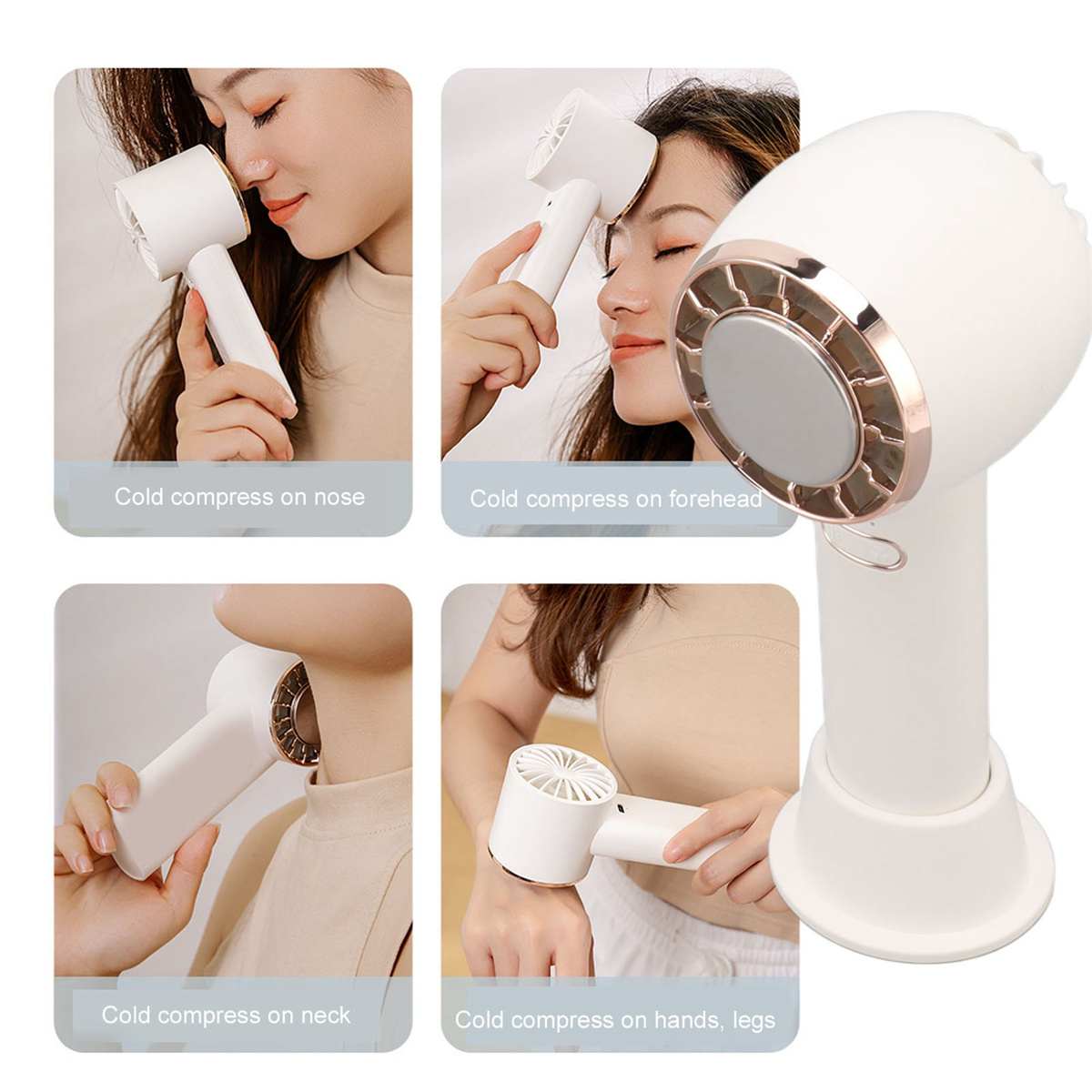 Ein weißer Kältemittelventilator mit Ständer, der an Nase, Stirn, Hals und Händen verwendet wird.