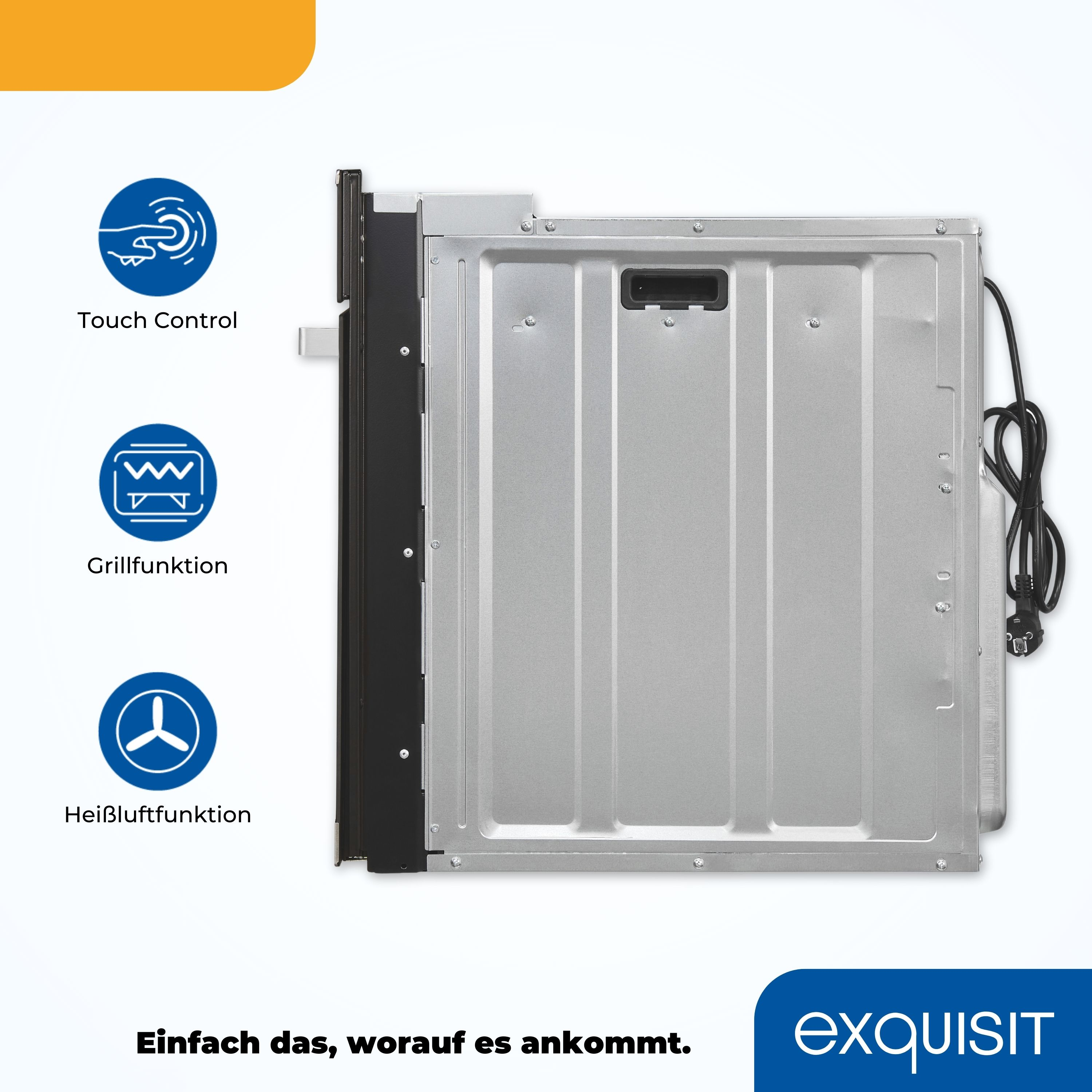Rückseite eines Ofens mit Touch-Control, Grill- und Heißluft-Funktionssymbolen, Text und Logo.