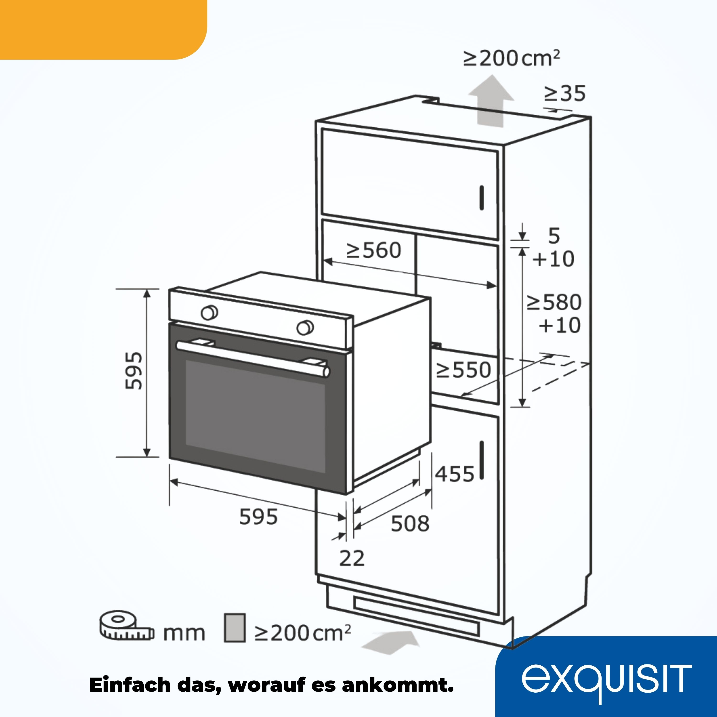 Diagramm eines Einbauofens und des umliegenden Schranks, mit Abmessungen.