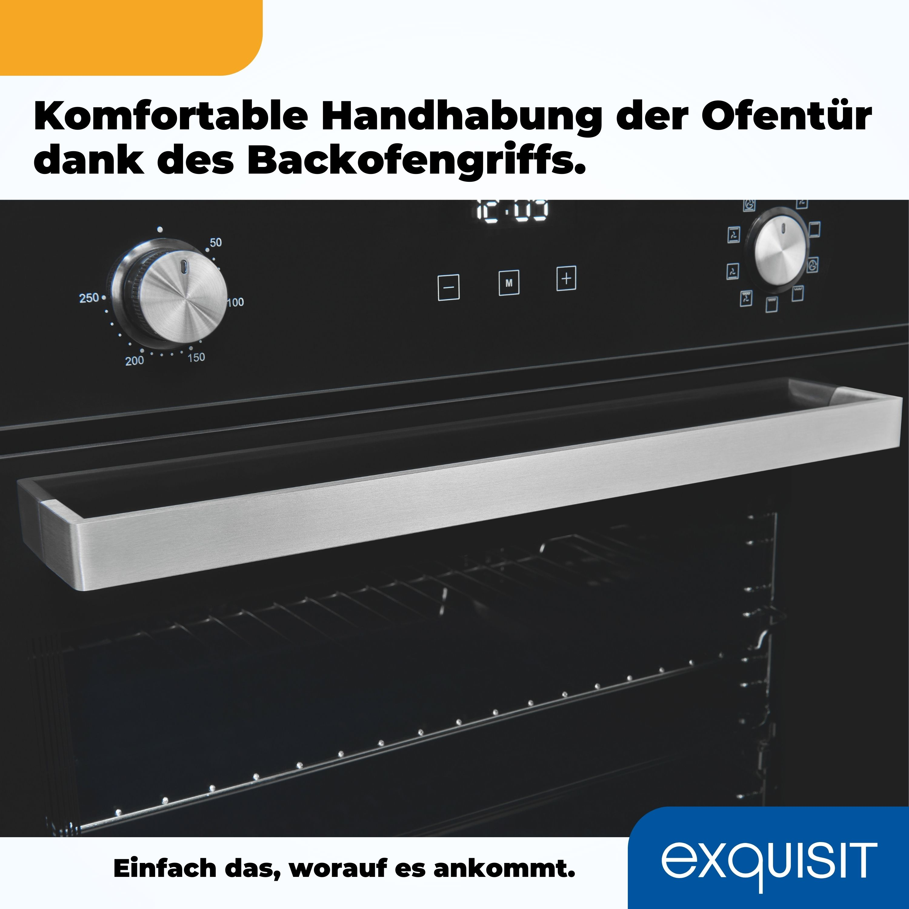 Nahaufnahme eines schwarzen Ofens mit silbernem Griff. Text sagt: Komfortable Handhabung der Ofentür.