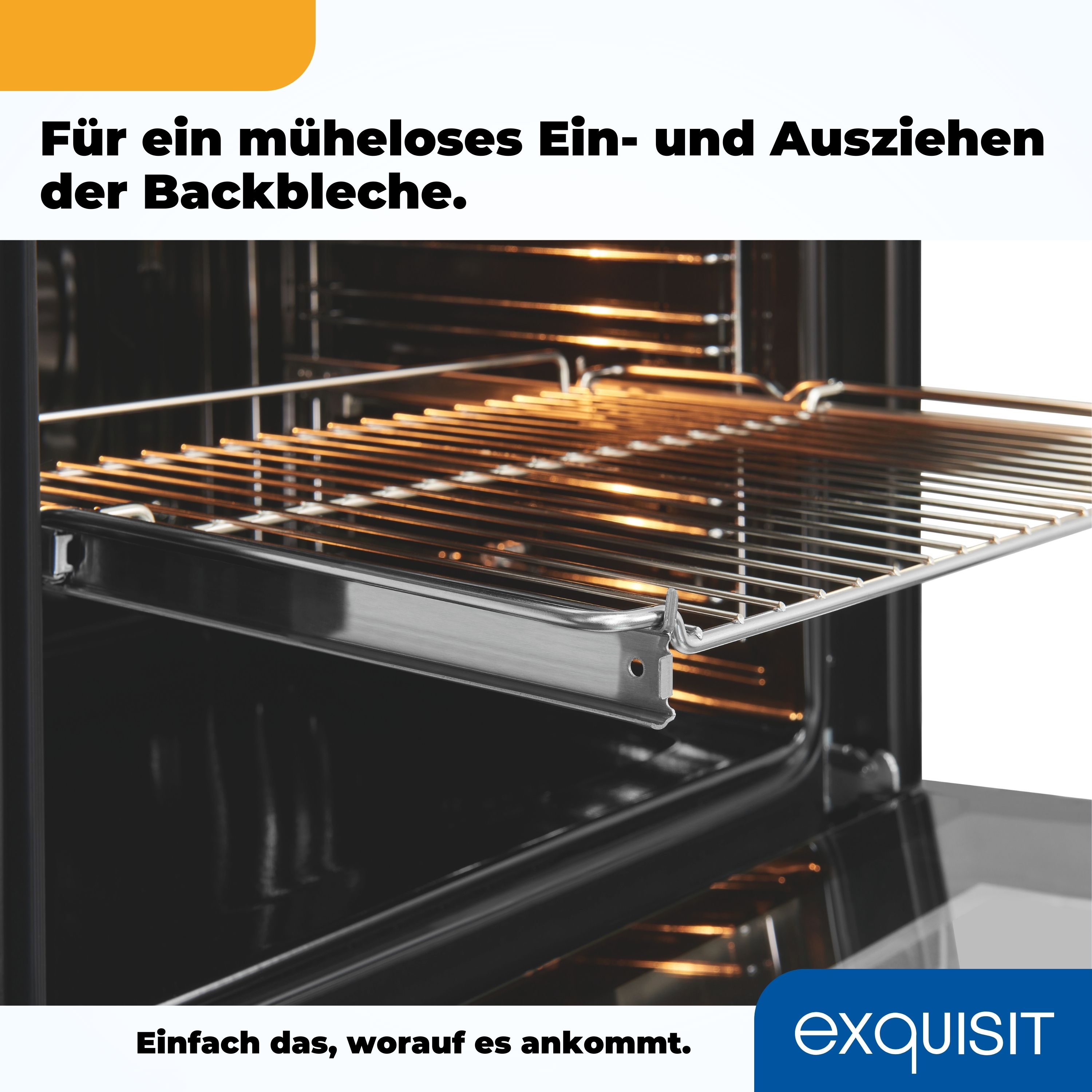 Ein Backofen-Innenraum mit teilweise herausgezogenem Rost, beleuchtet. Text: Für einfaches Ein- und Ausziehen der Backbleche.