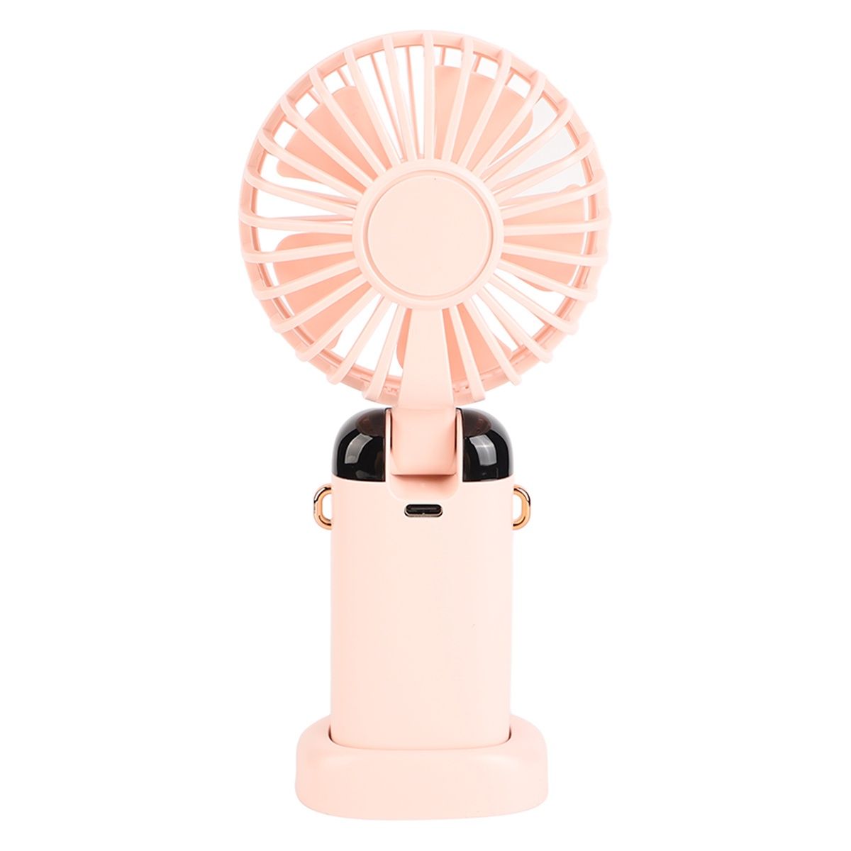 Rosa tragbarer Ventilator mit rundem Ventilator und Sockel, mit einem schwarzen oberen Bereich.