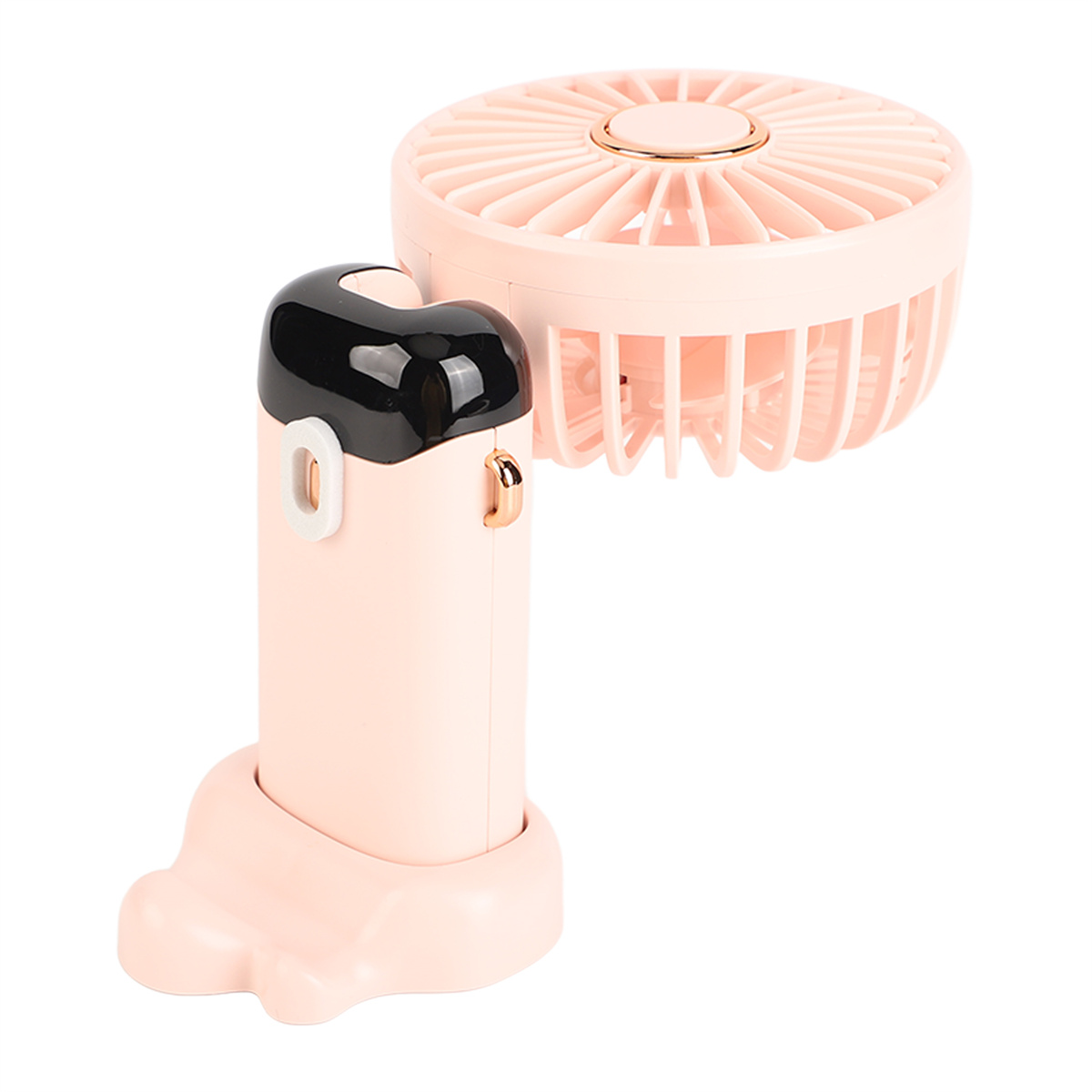 Ein rosa und schwarzer Handventilator. Er ist nach vorne geneigt. Er hat einen Ständer.