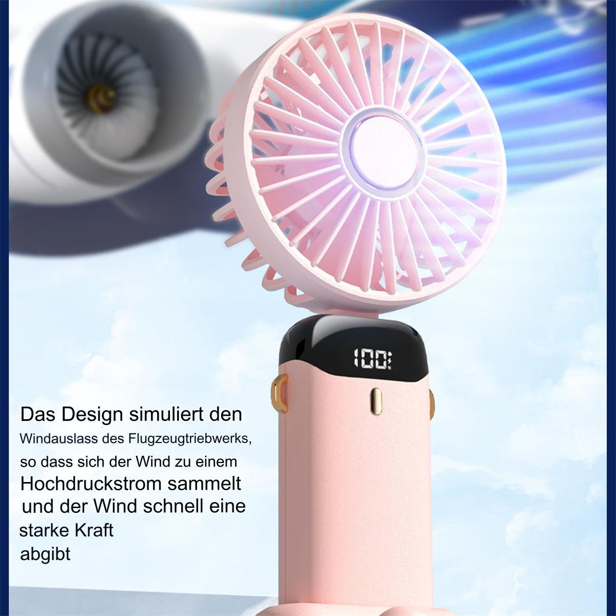 Ein rosa Handventilator mit Anzeige '100', Design des Ventilators und ein Flugzeug.
