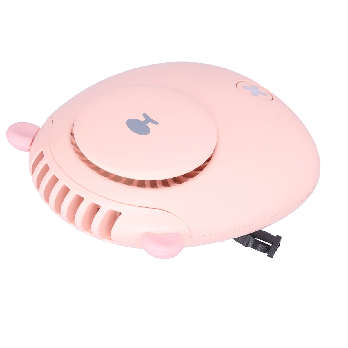 Rosa, eiförmiger Handventilator mit Knopf und kleinen Ohren.