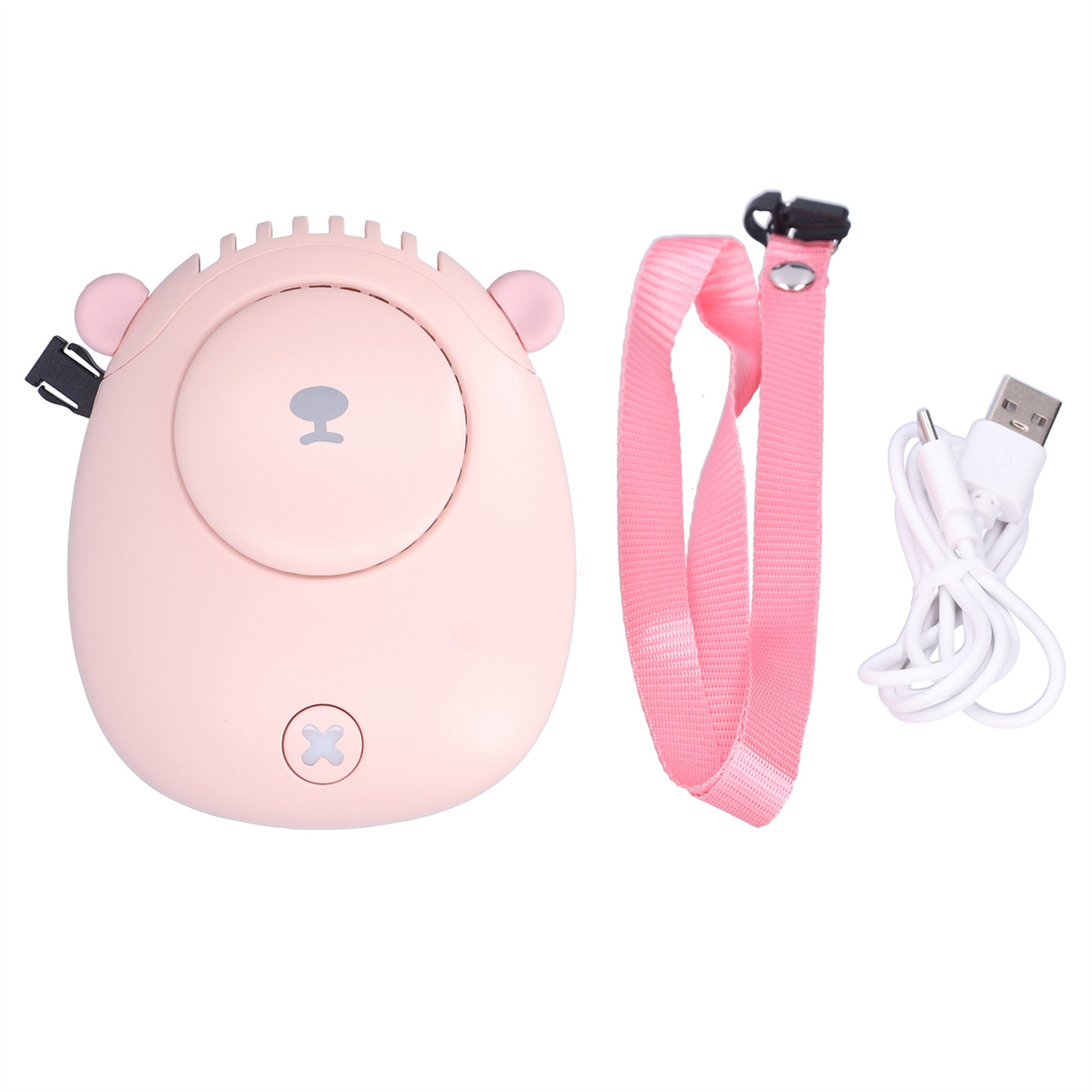 Rosa bärenförmiger tragbarer Ventilator mit Riemen und weißem USB-Kabel.