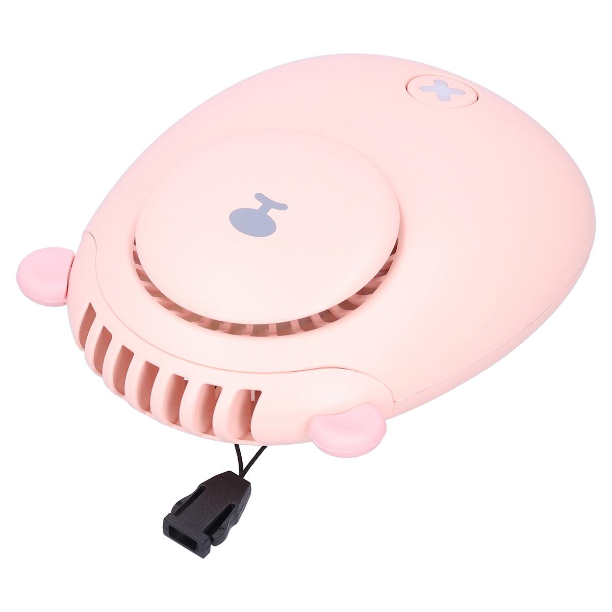 Rosa bärenförmiger Ventilator, mit ohrartigen Vorsprüngen und einem schwarzen Riemen. Er hat einen kleinen Knopf.