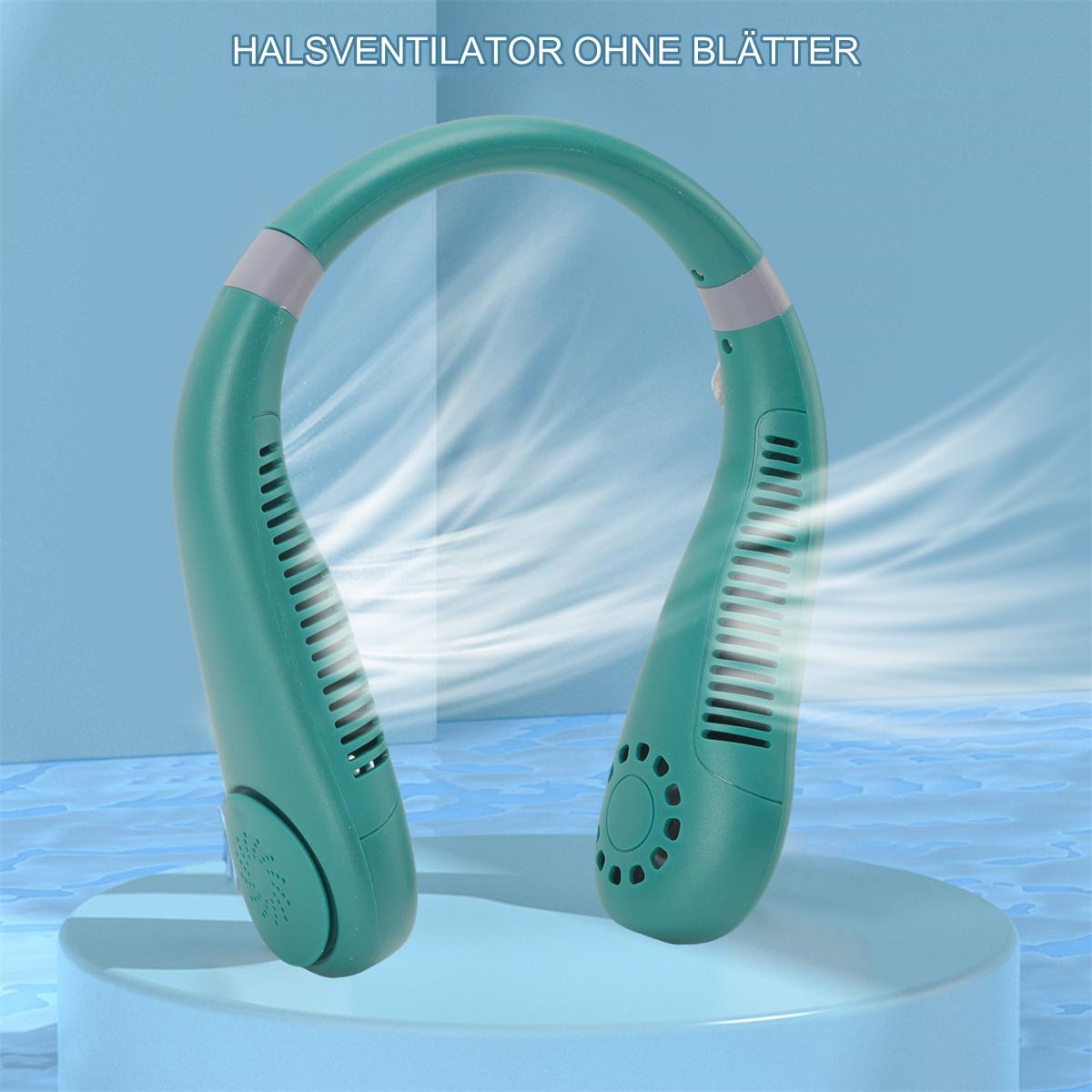 Grüner Nackenventilator, um einen Hals getragen, mit Luftstrom, auf blauer Plattform, blauer Hintergrund.