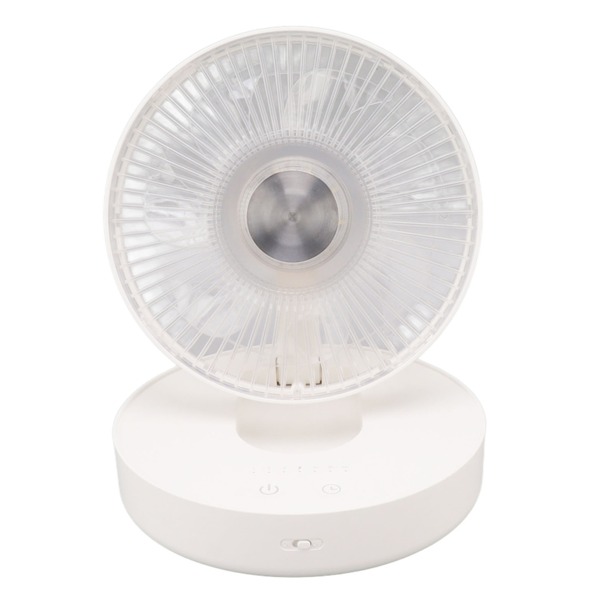 Weißer Schreibtischventilator mit transparenten Flügeln. Er hat einen runden Sockel mit Knöpfen und Schalter.