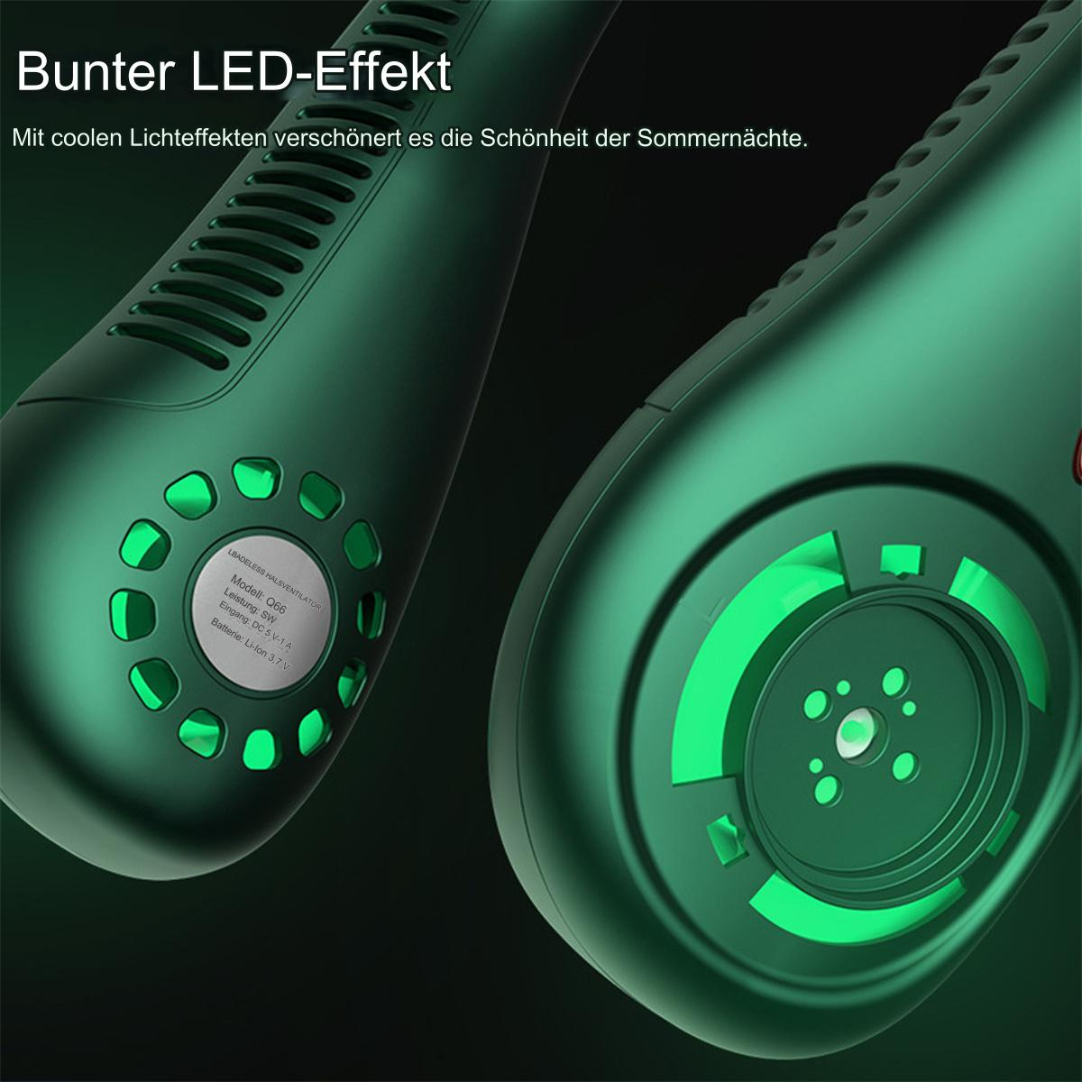 Grüner Nackenventilator mit grünen Lichtern, zeigt das Gerätedesign.