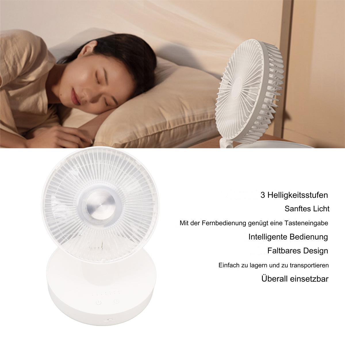 Ein weißer Ventilator auf einem Schreibtisch mit einer schlafenden Frau und Text.