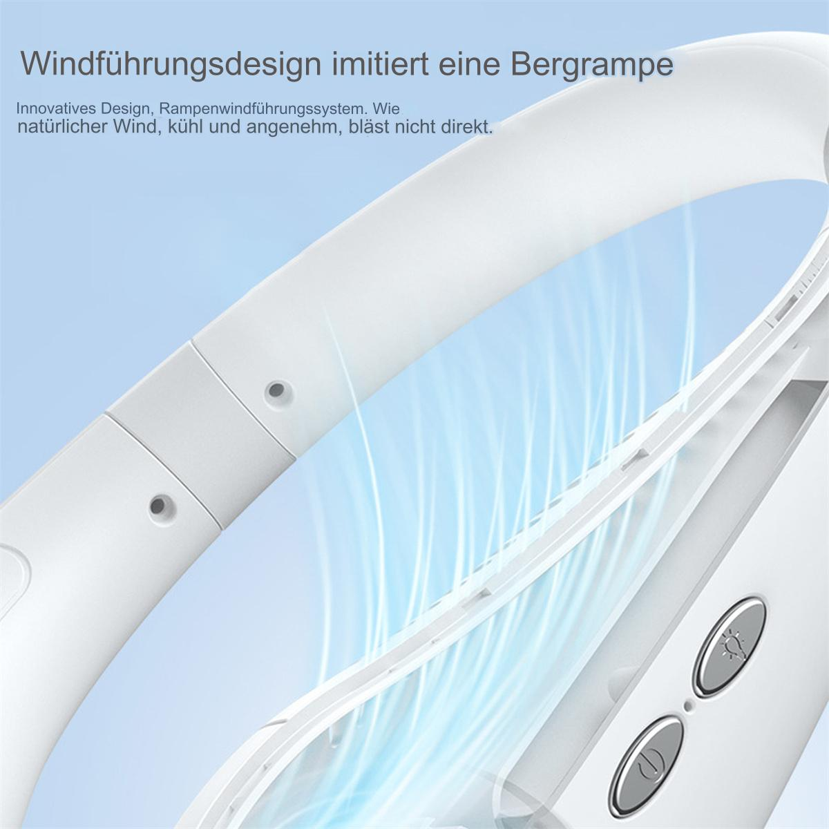 Ein weißer Nackenbügelventilator mit Knöpfen und blauem Hintergrund mit Text über natürlichen Wind.