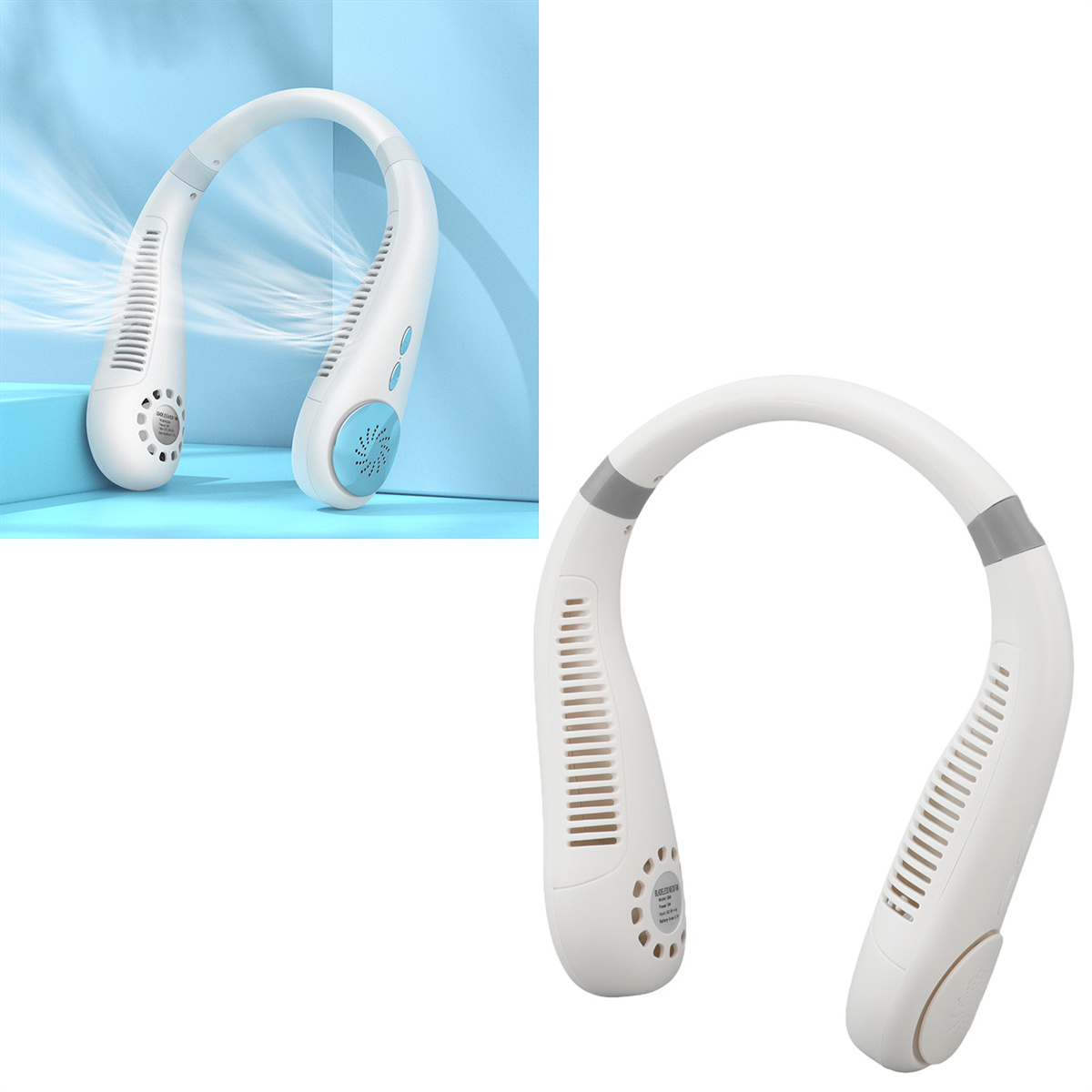 Weißer Nackenventilator. Links: Blauer Hintergrund. Rechts: Weißer Hintergrund. Ventilator hat Lüftungsschlitze.