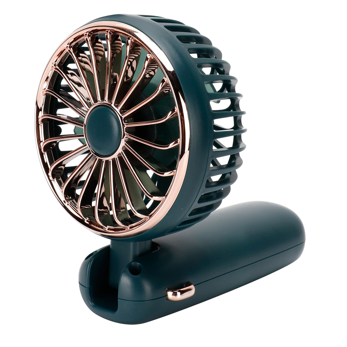 Ein türkisfarbener und roségoldener Ventilator mit kreisförmigem Design, auf weißem Hintergrund.