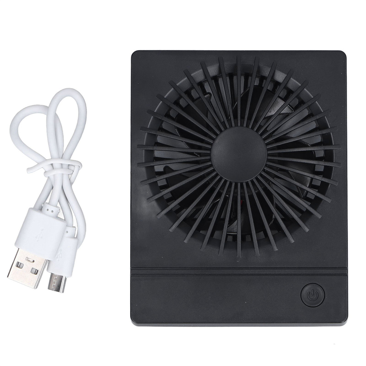 Schwarzer tragbarer Ventilator mit USB-Kabel, mit hellem Hintergrund.
