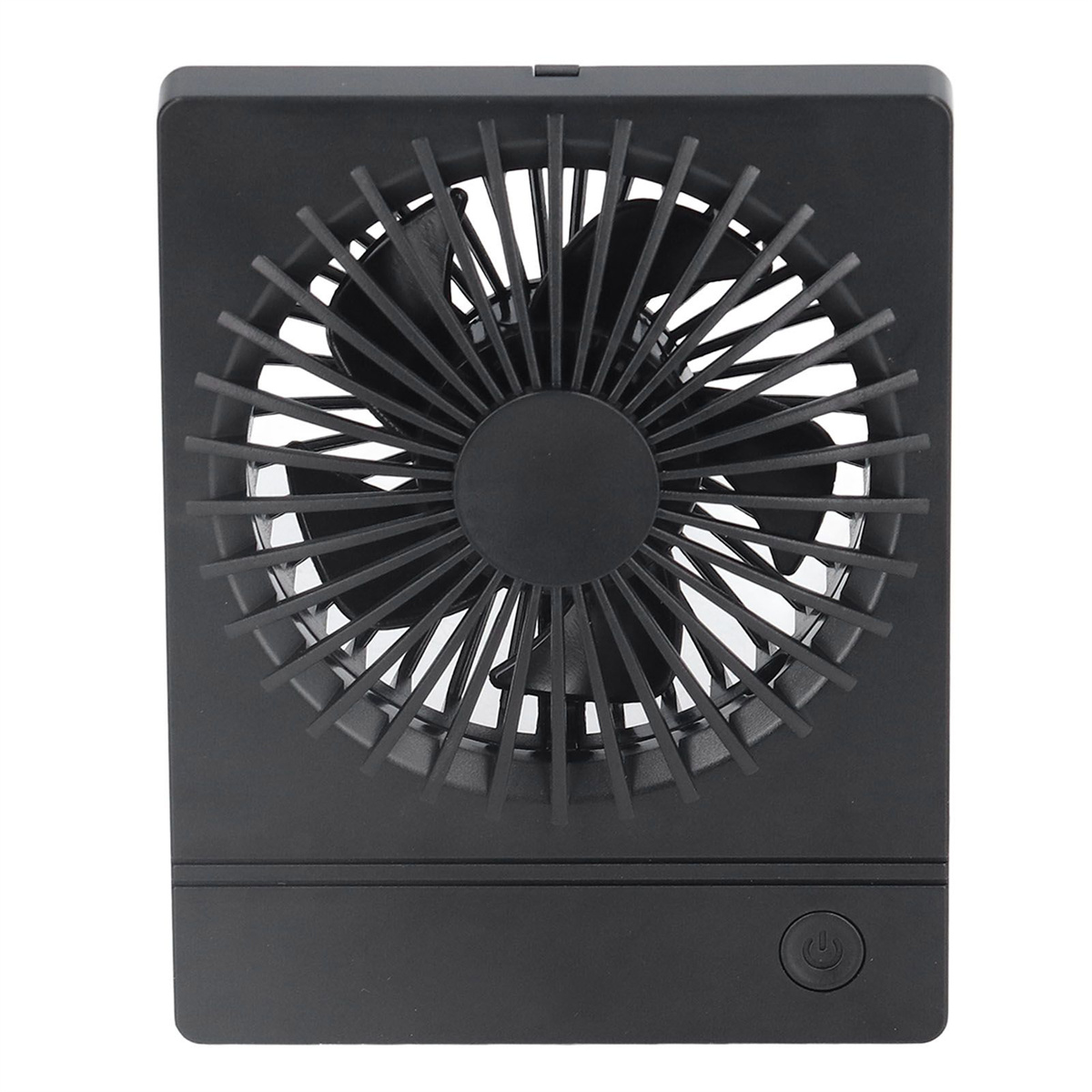 Ein schwarzer quadratischer Ventilator mit vielen Flügeln wird gezeigt. Der Ventilator hat unten einen Ein-/Ausschalter.
