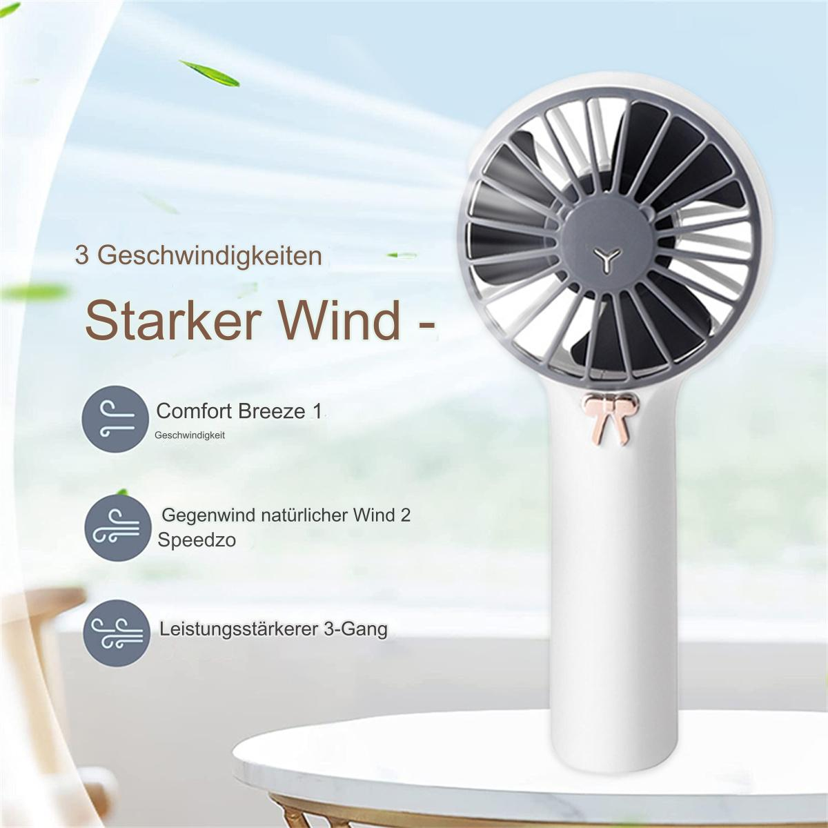 Ein weißer Handventilator mit drei Geschwindigkeiten auf weißem Hintergrund mit Text.