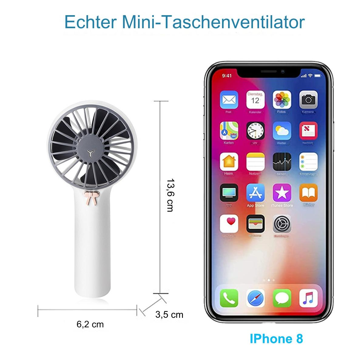 Ein Mini-Handventilator neben einem iPhone 8. Der Ventilator ist weiß und grau. iPhone zeigt Zeit und Apps.