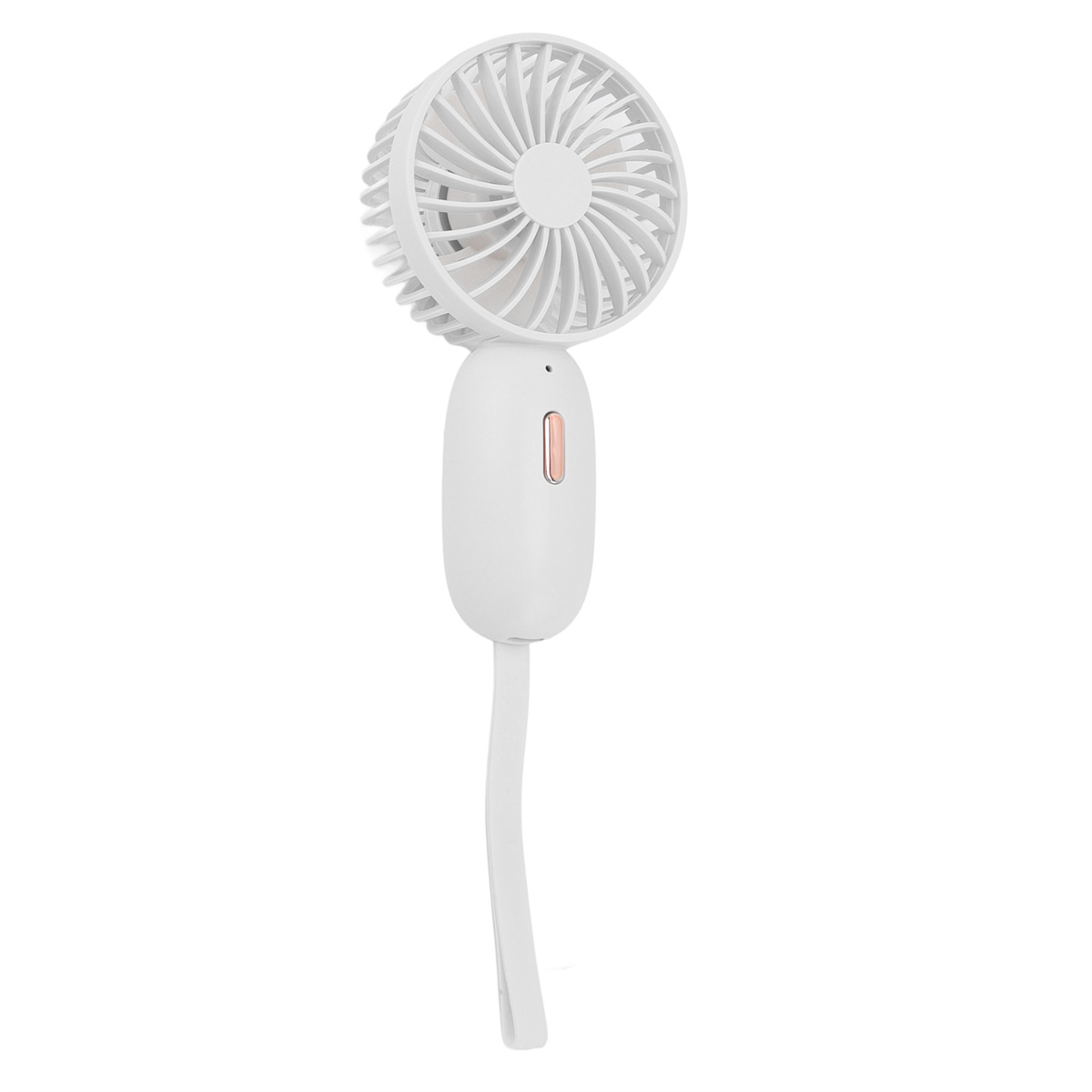 Weißer Handventilator. Der Ventilator hat einen runden Kopf. Weißer Hintergrund.