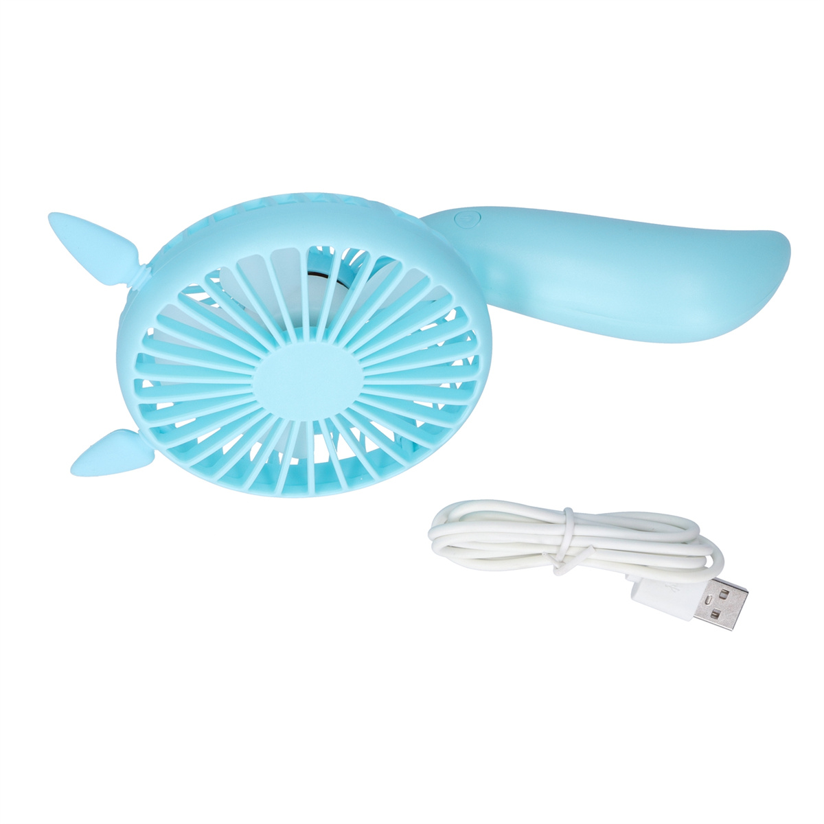 Ein blauer Ventilator mit gebogenem Griff und USB-Kabel. Es hat einen weißen Blendschutz.