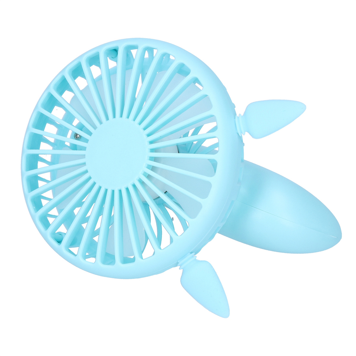 Ein hellblauer Mini-Ventilator mit kreisförmigem Design, mit Flügeln und zwei seitlichen Flügeln, isoliert.