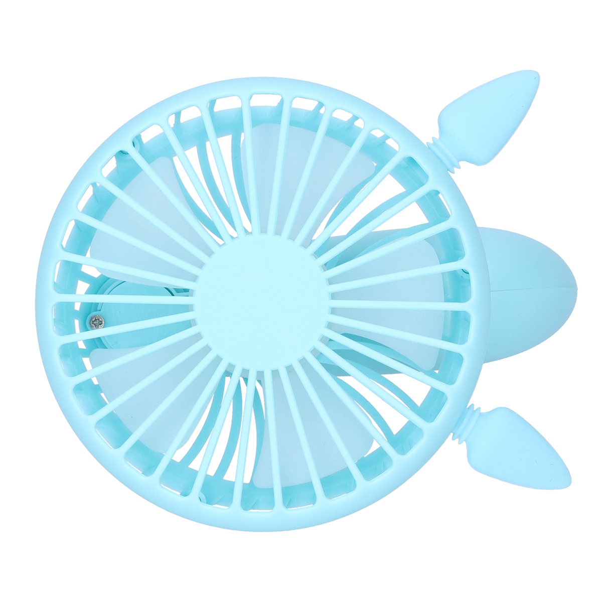 Blauer tragbarer Ventilator mit Flügeln und weißem Gehäuse, mit Knopf und Digitalanzeige.