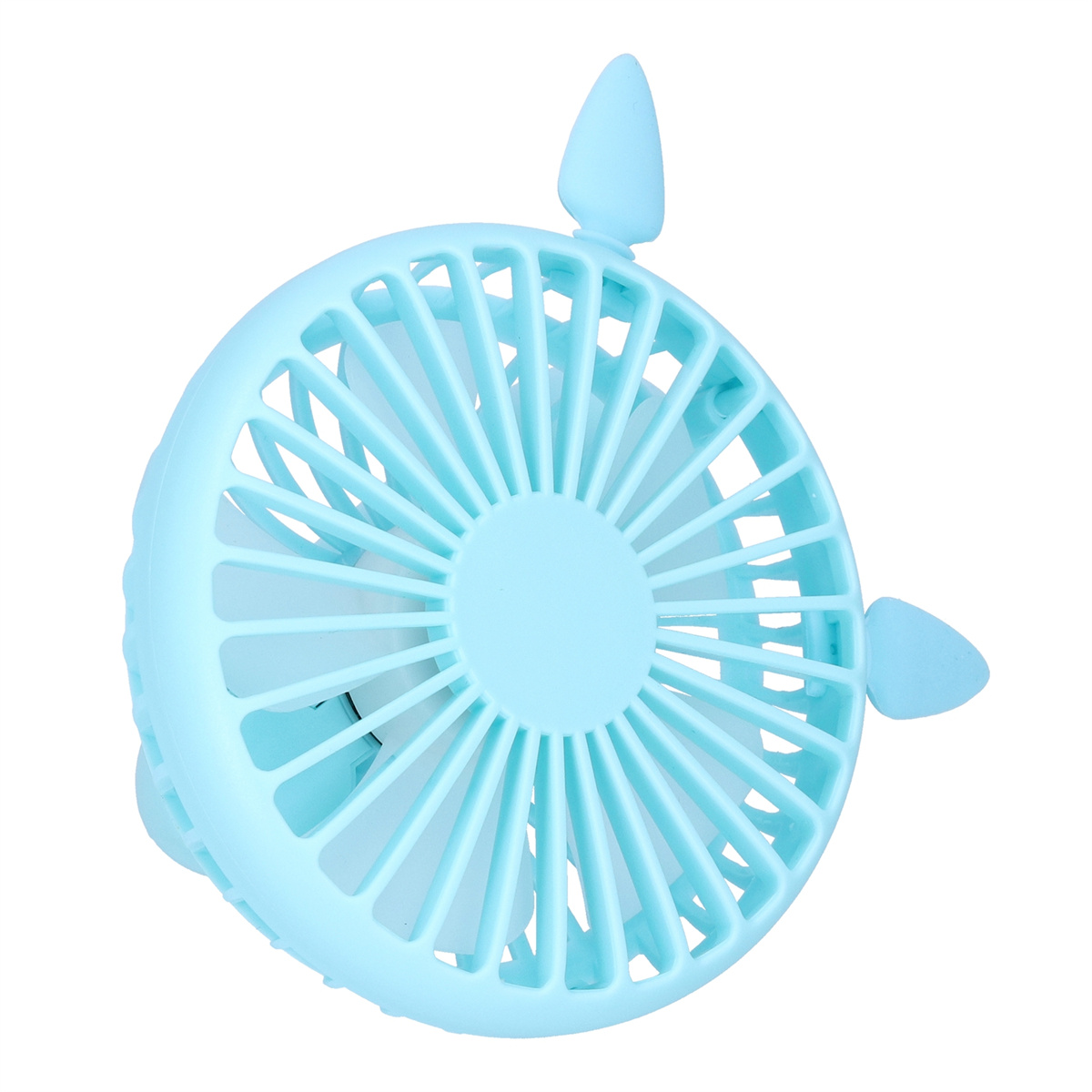 Ein hellblauer Mini-Ventilator mit Rotorblättern. Oben befinden sich zwei blaue Ohren.