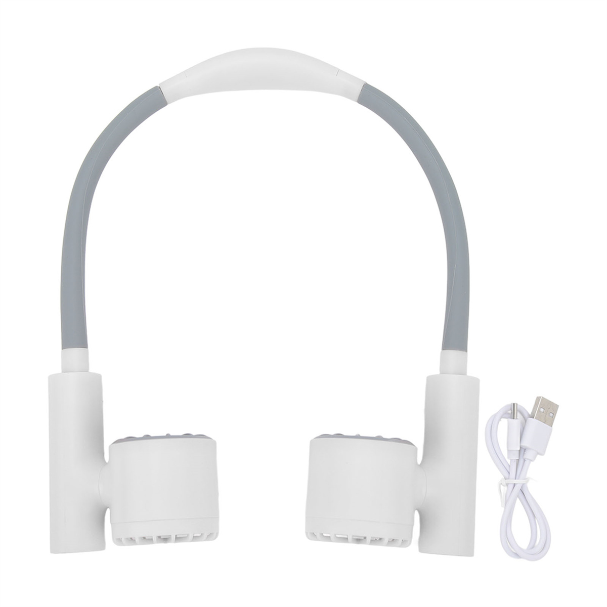 Weißer Nackenventilator mit grauem Schlauch und weißen Lüfterblättern. Er hat ein USB-Kabel. Der Hintergrund ist weiß.