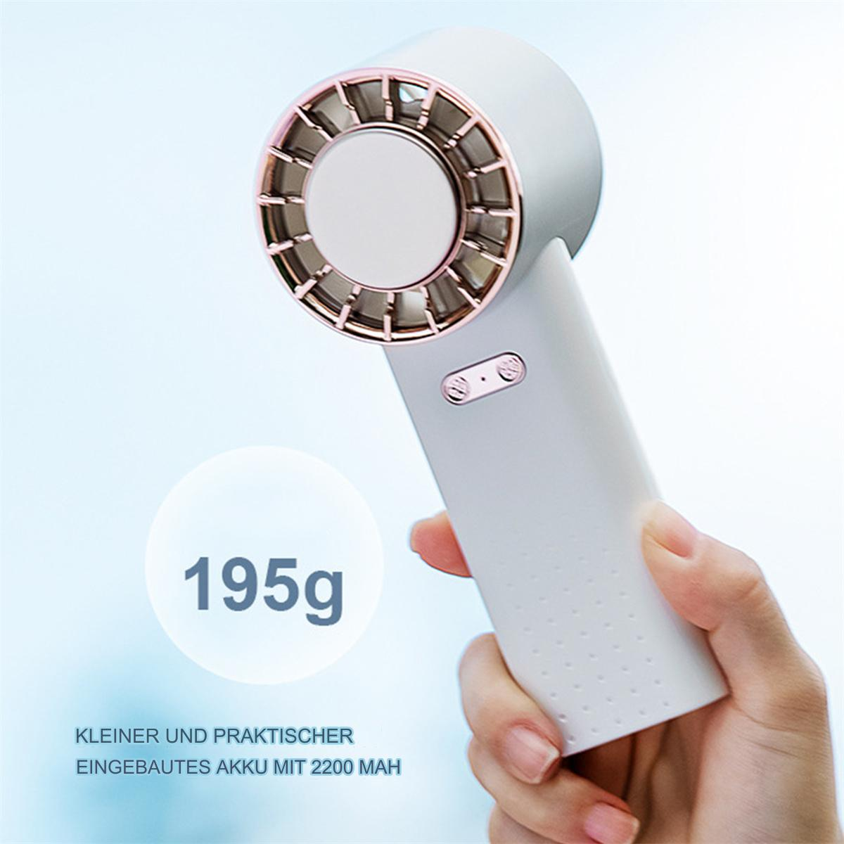 Hand hält kleinen weißen Ventilator. Der Ventilator hat blaue Flügel und rosa Rand.