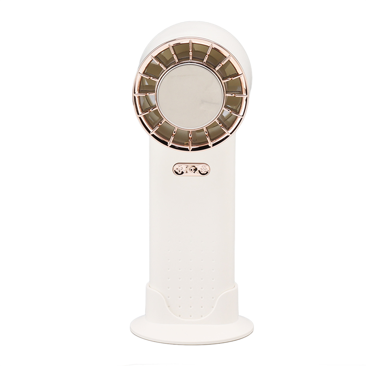Ein weißer Handventilator mit roségoldenen Akzenten, auf einem Ständer.