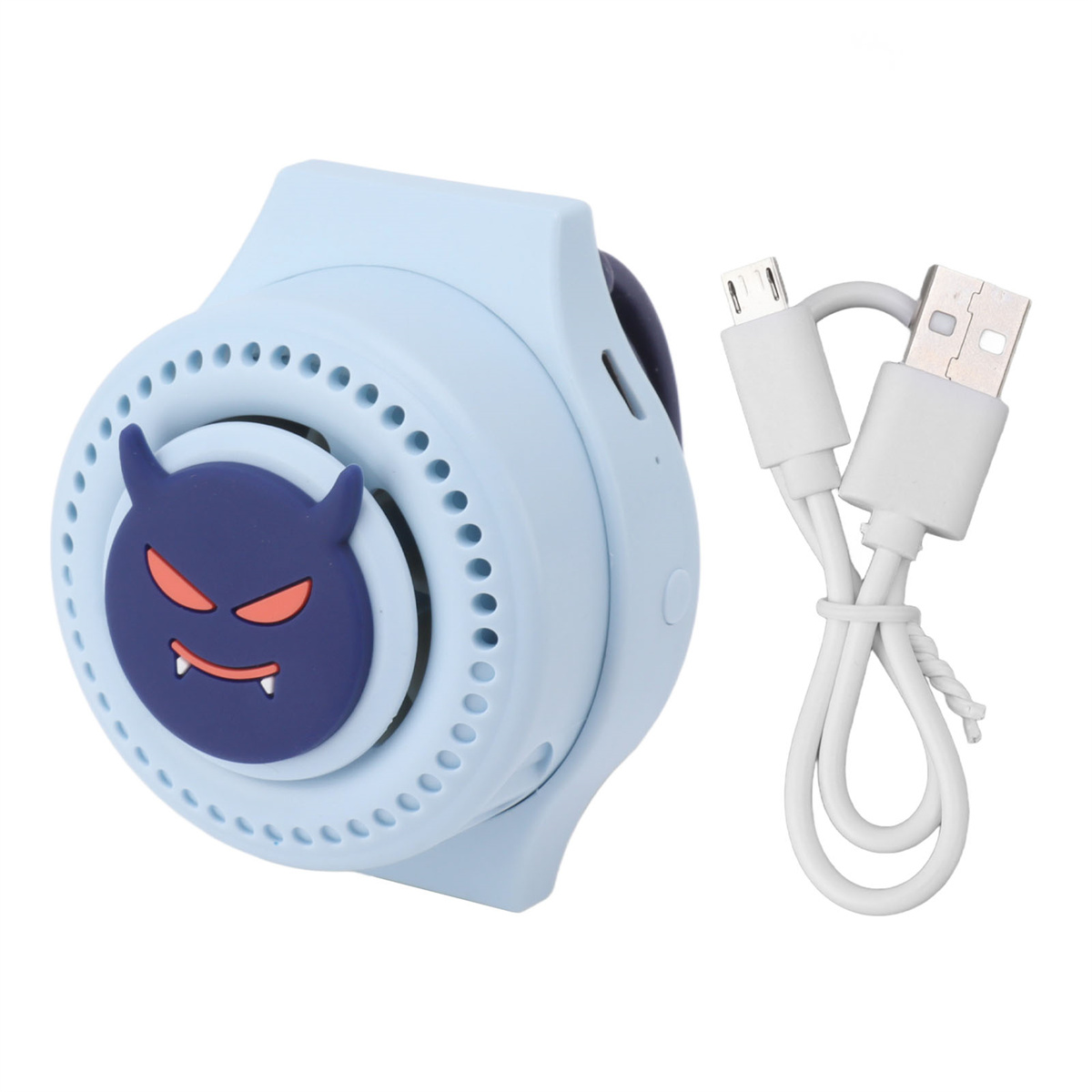 Blauer Ventilator mit Teufelsgesicht. Ein USB-Kabel liegt daneben.