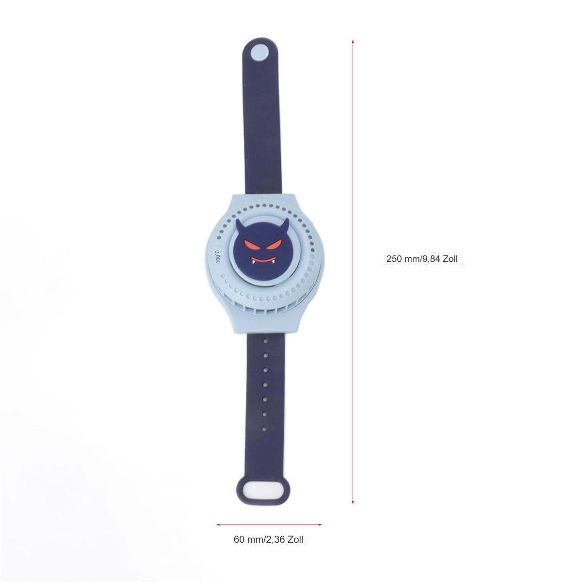 Ein Teufelsgesichts-Ventilator an einem Armband. Der Text zeigt Abmessungen in mm und Zoll.