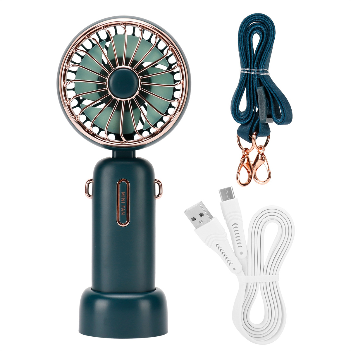 Grüner Handventilator mit roségoldenen Akzenten, Lanyard und Ladekabel.