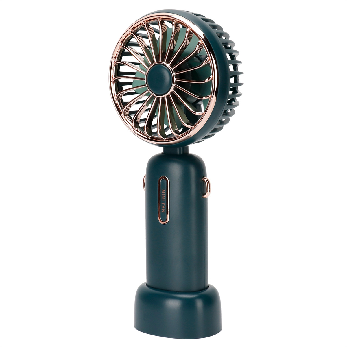 Ein dunkelgrüner tragbarer Mini-Ventilator mit goldfarbenem Besatz. Der Ventilator befindet sich auf weißem Hintergrund.