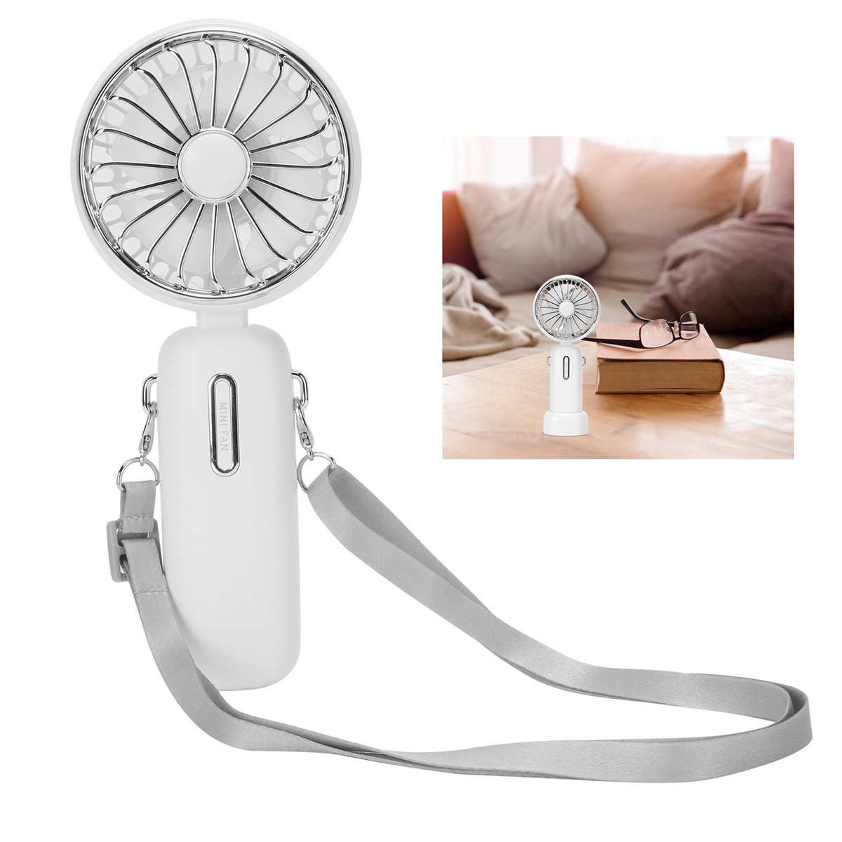 Weißer tragbarer Ventilator mit Riemen. Inset: Ventilator auf Tisch neben Buch und Brille. Grauer Riemen.