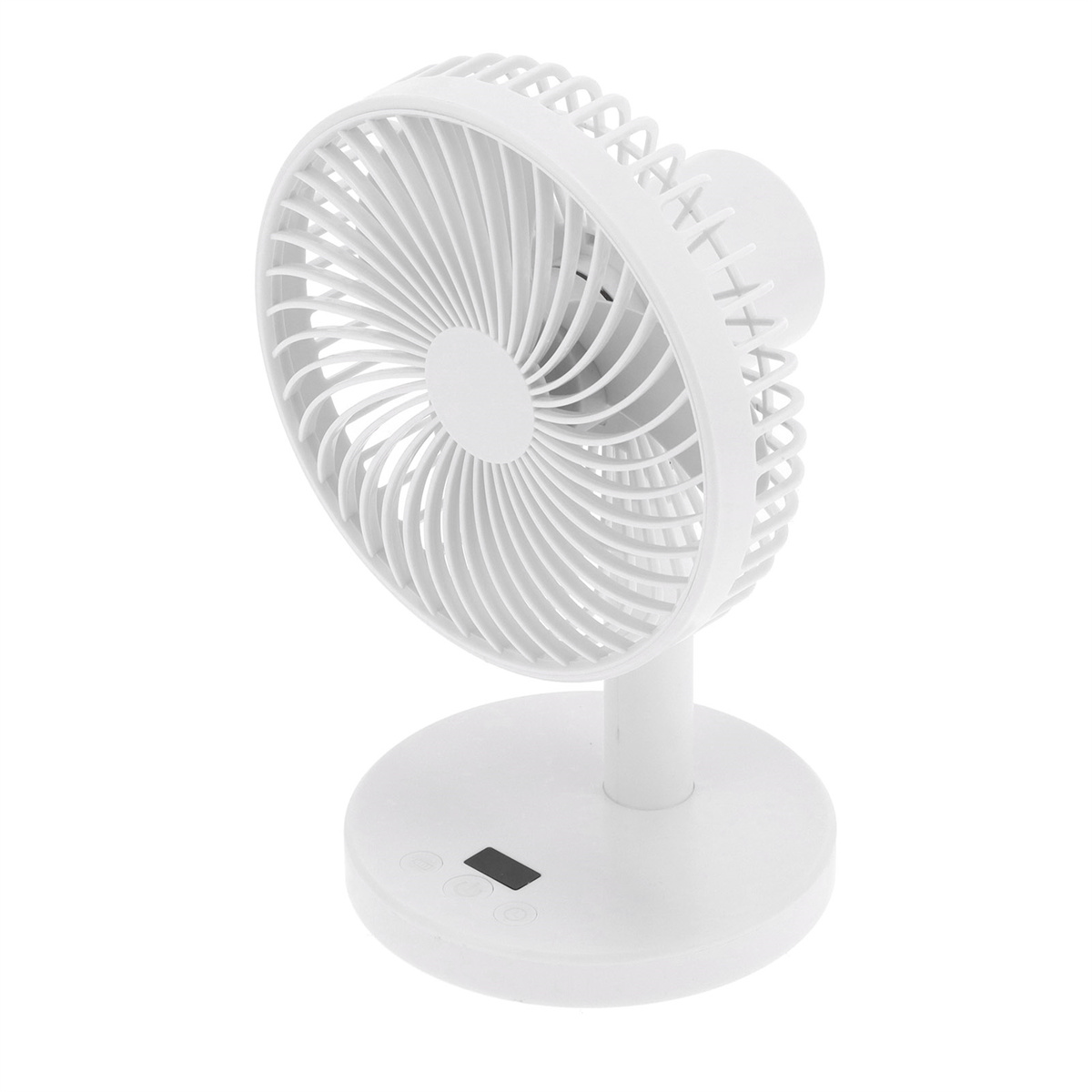 Ein weißer Schreibtischventilator mit rundem Sockel und einem Ventilatorkopf mit gebogenen Blättern.