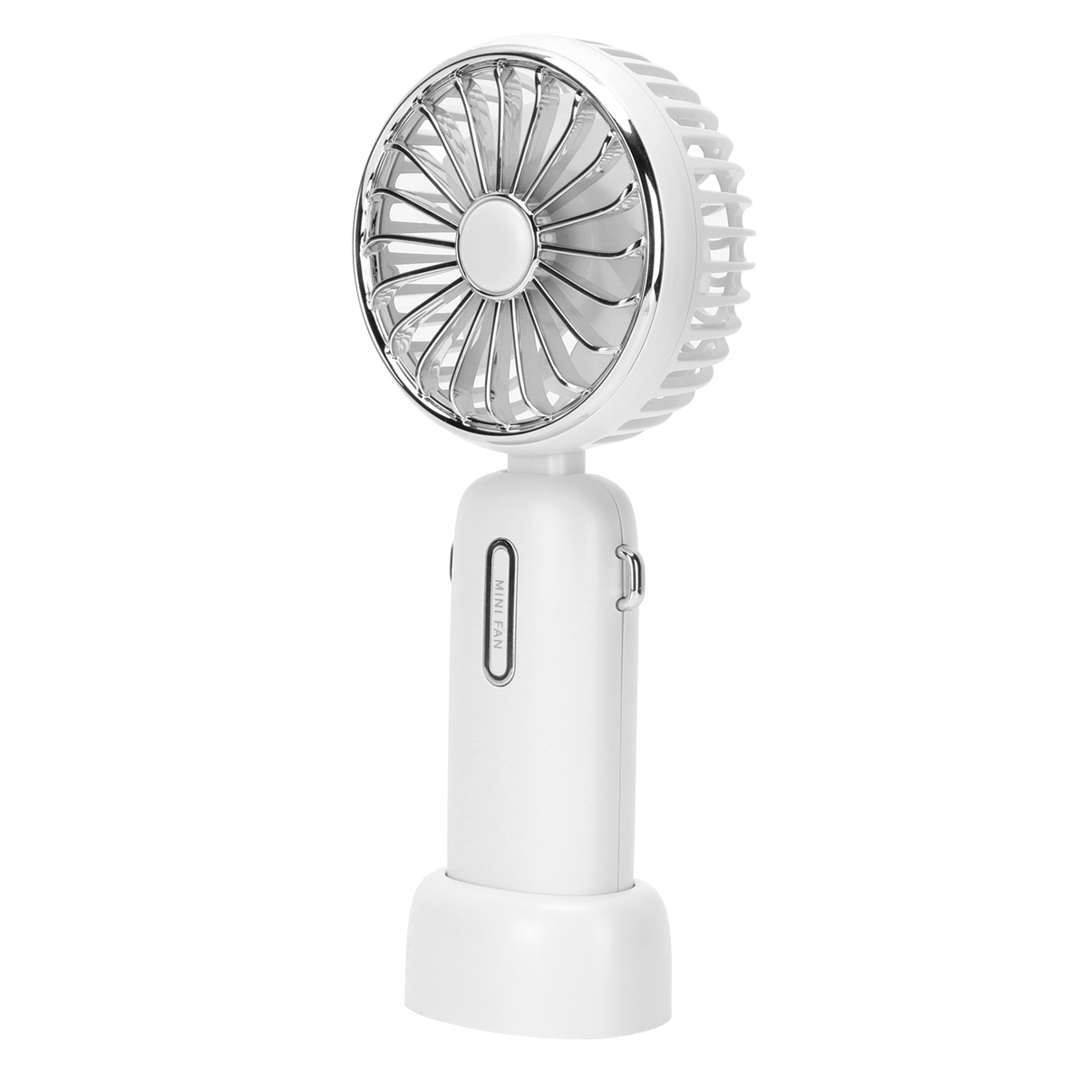 Weißer tragbarer Ventilator mit Chromgitter und USB-Anschluss.