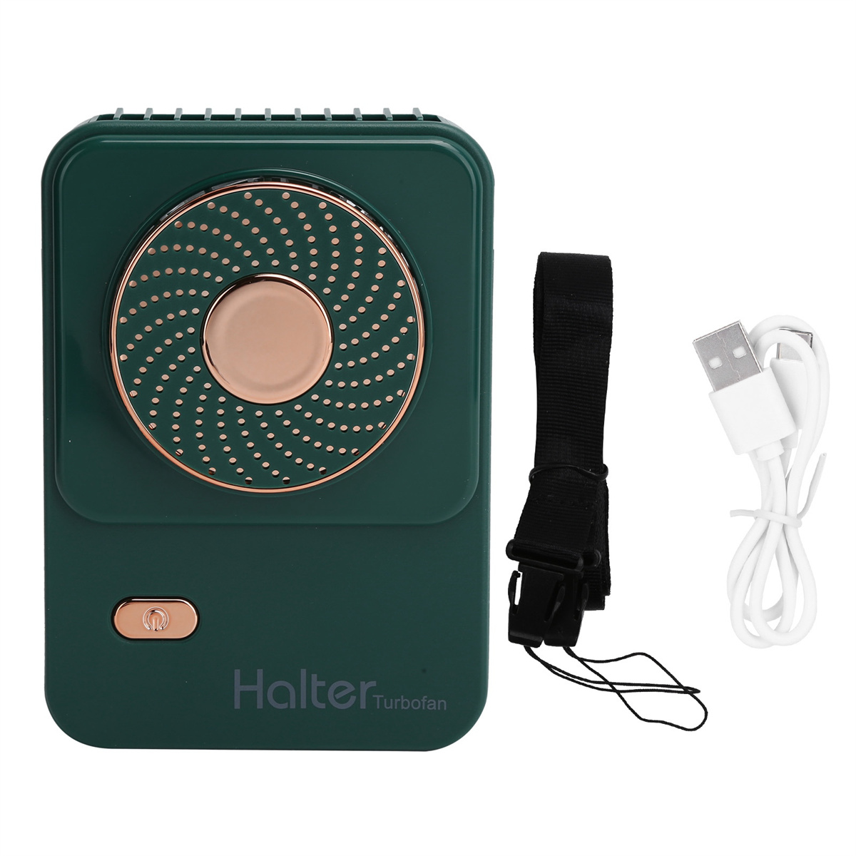 Ein grüner, tragbarer Halter TurboFan mit roségoldfarbenem Akzent, USB-Kabel und Lanyard.
